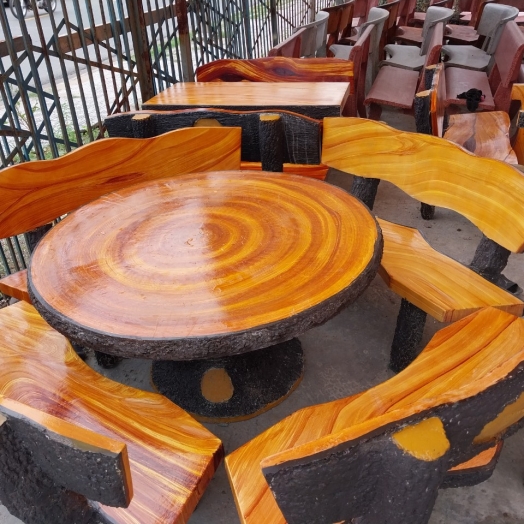 Bộ bàn ghế đá giả gỗ tròn 4 ghế dài